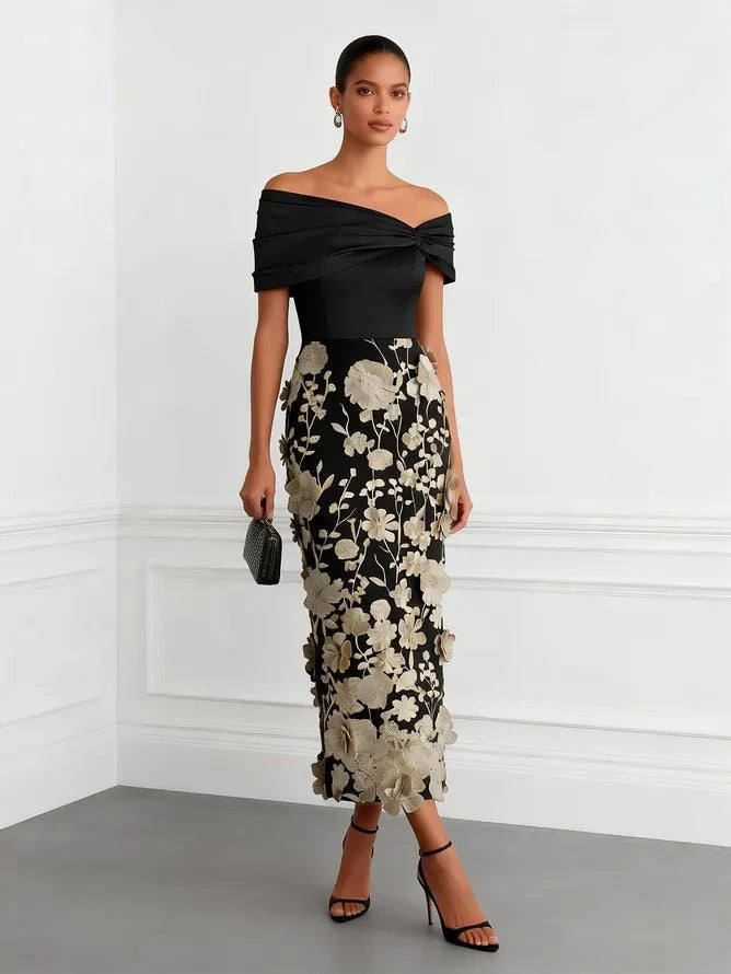 Black 3D Floral Applique Classic Off The Shoulder Short Sleeve Sheath Midi Dress