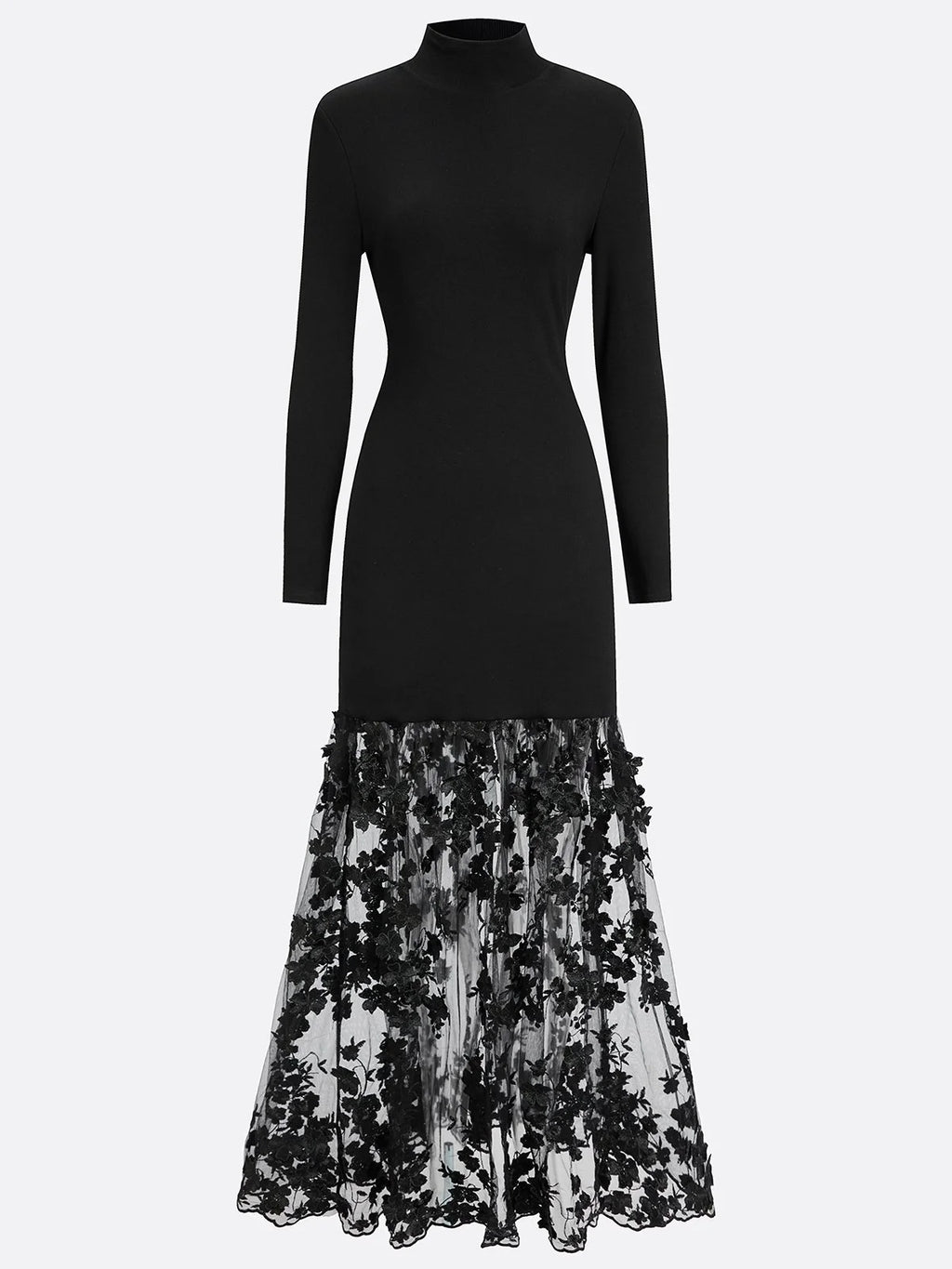Black Mesh Floral Knit Mock Neck Long Sleeve A-Line Maxi Dress