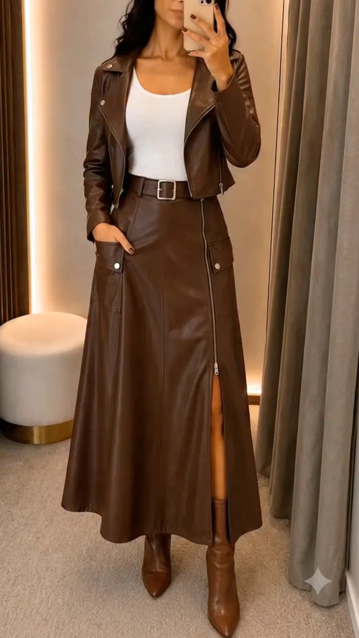 Brown Faux Leather Jacket Midi Skirt Outfit