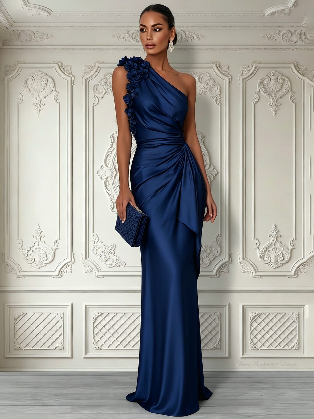 Purplish Blue 3D Floral Ruched Satin One Shoulder Sleeveless Sheath Floor-length Gown Dress