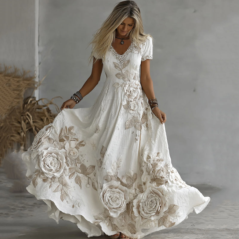 Women's White Rose Embroidery Art V-neck Short Sleeve Maxi Dress