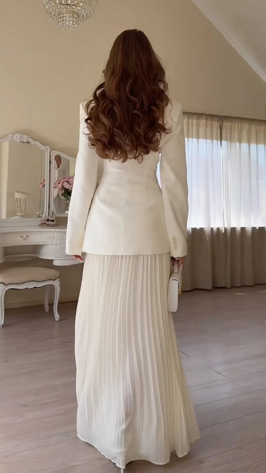 White Blazer Pleated Maxi Skirt Set