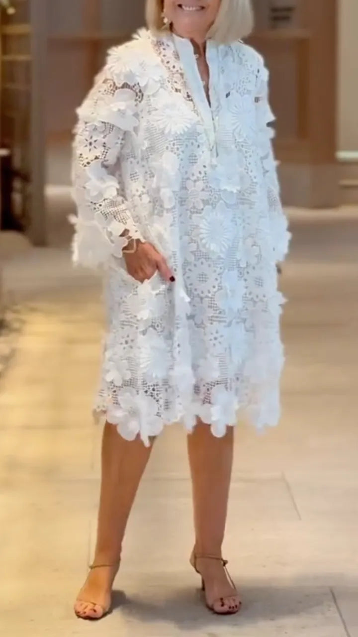 White 3D Floral Lace Midi Dress