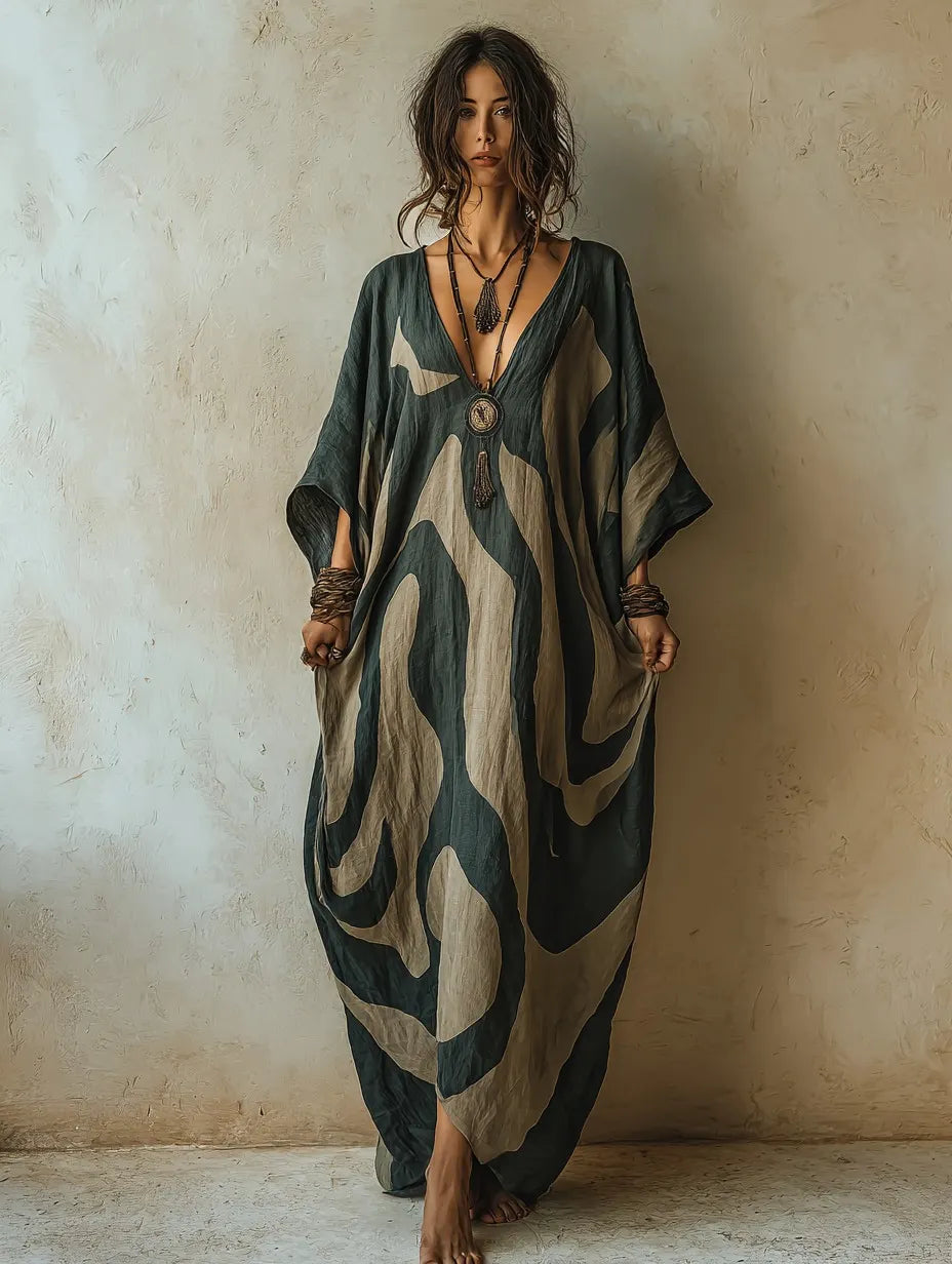 Abstract Print Linen Kaftan Maxi Dress