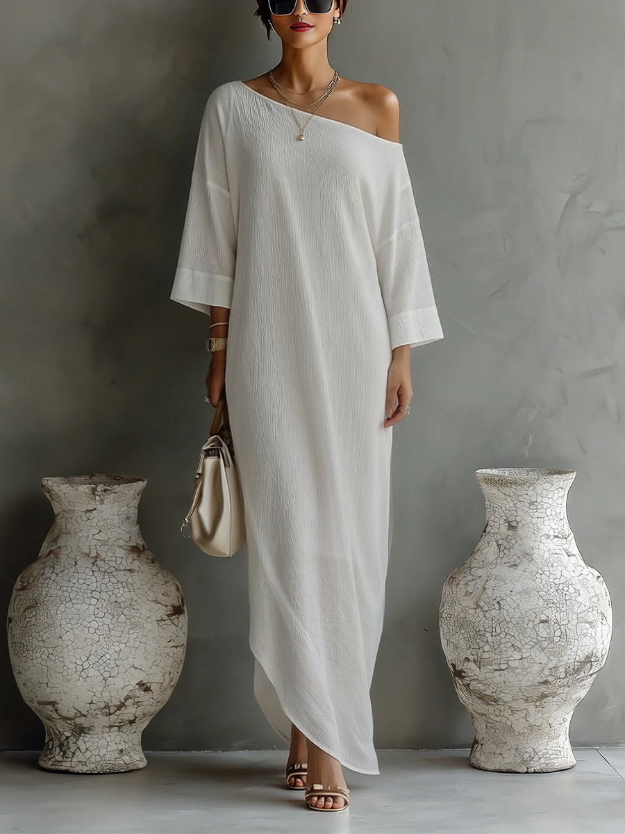 Women's Ivory White Cotton-Linen Blend One-Shoulder Flowing Elegant Dress MDA3032K4T