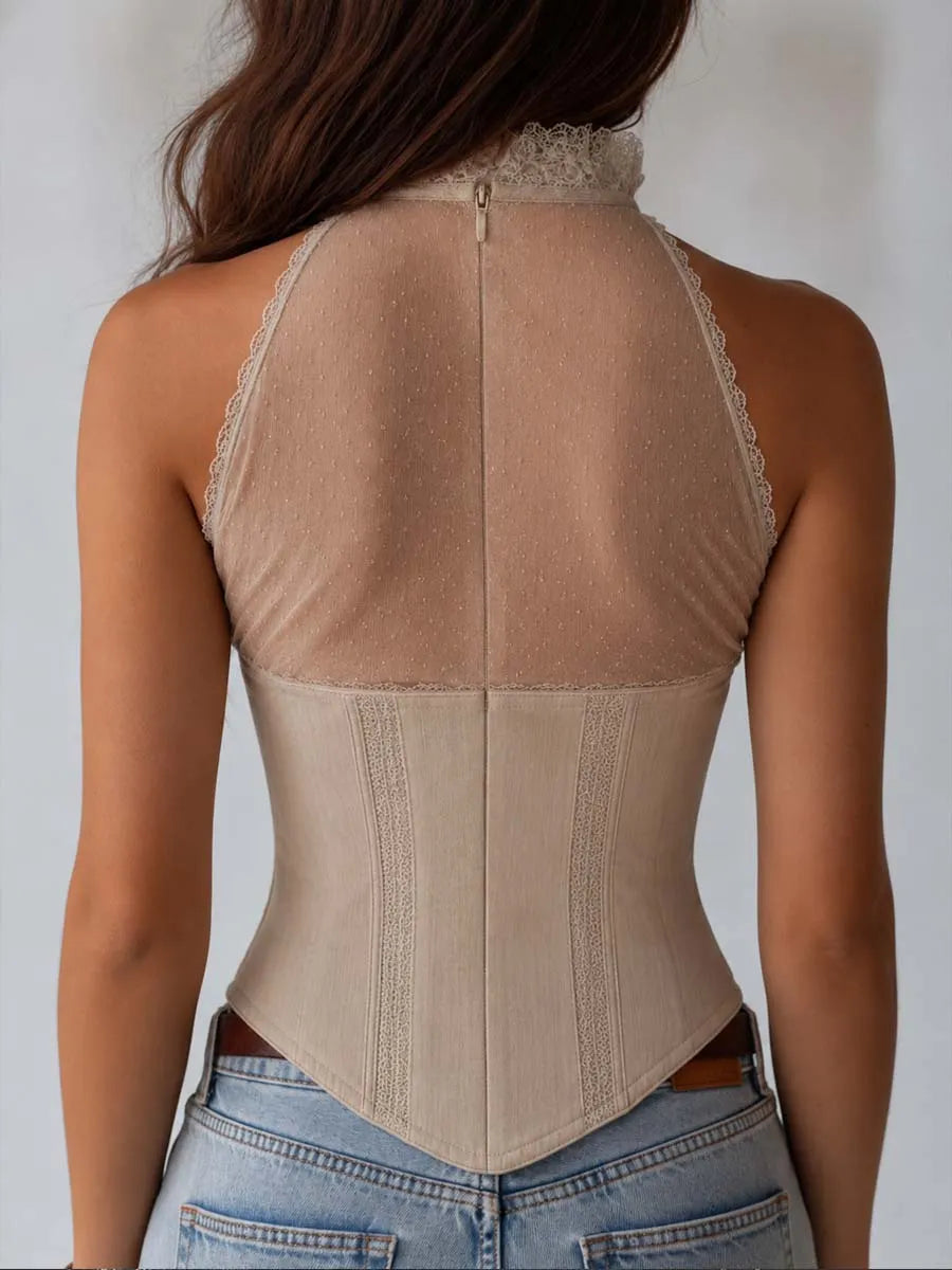 Vintage Victorian Cotton-linen Blend Lace Trim High Neck Corset Halter Top