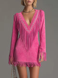 Western-style Retro Embroidered Tassel Pink Faux Suede Mini Dress