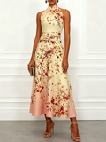 Pale Yellow Floral Classic Halter Mock Neck Sleeveless A-Line Maxi Dress