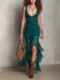 Lace Sleeveless Mermaid Dress With High Low Hem And Button Front Detail