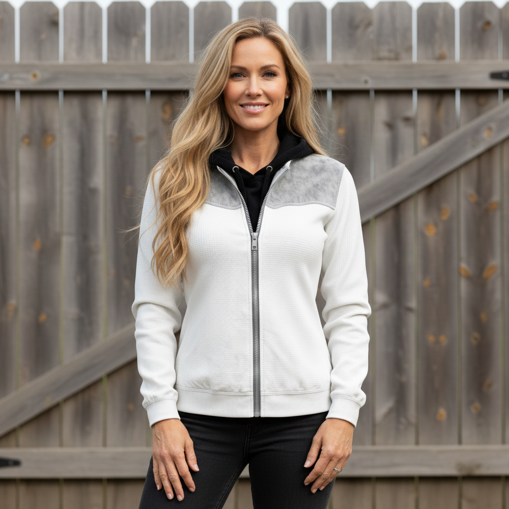 White And Gray Marble-Trimmed Zip-Up Jacket