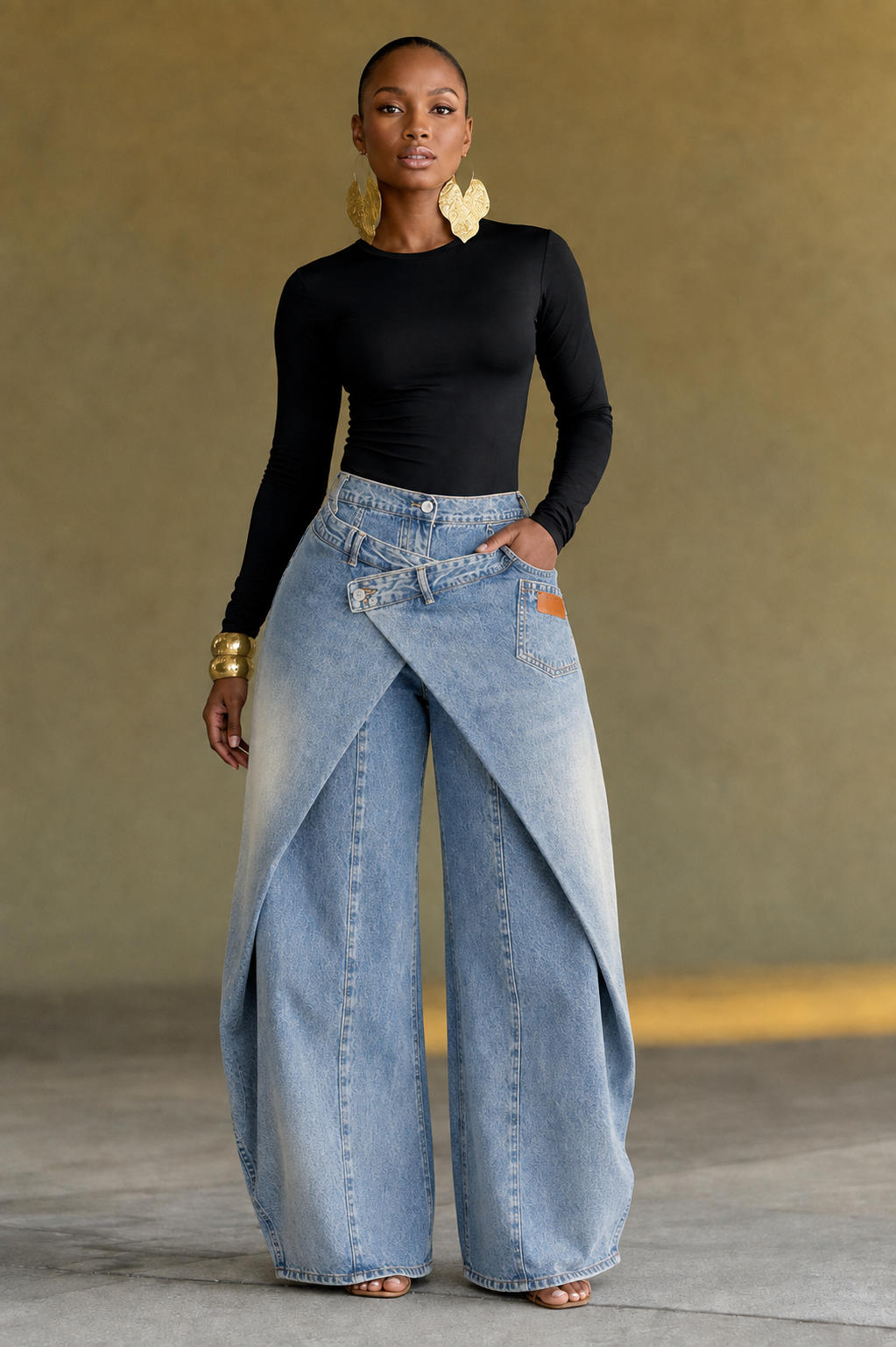 Wrap Skirt‑Effect Wide Leg Denim Pants