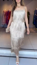 Women Spaghetti Strap Patchwork Tassel Elegant Temperament Dress