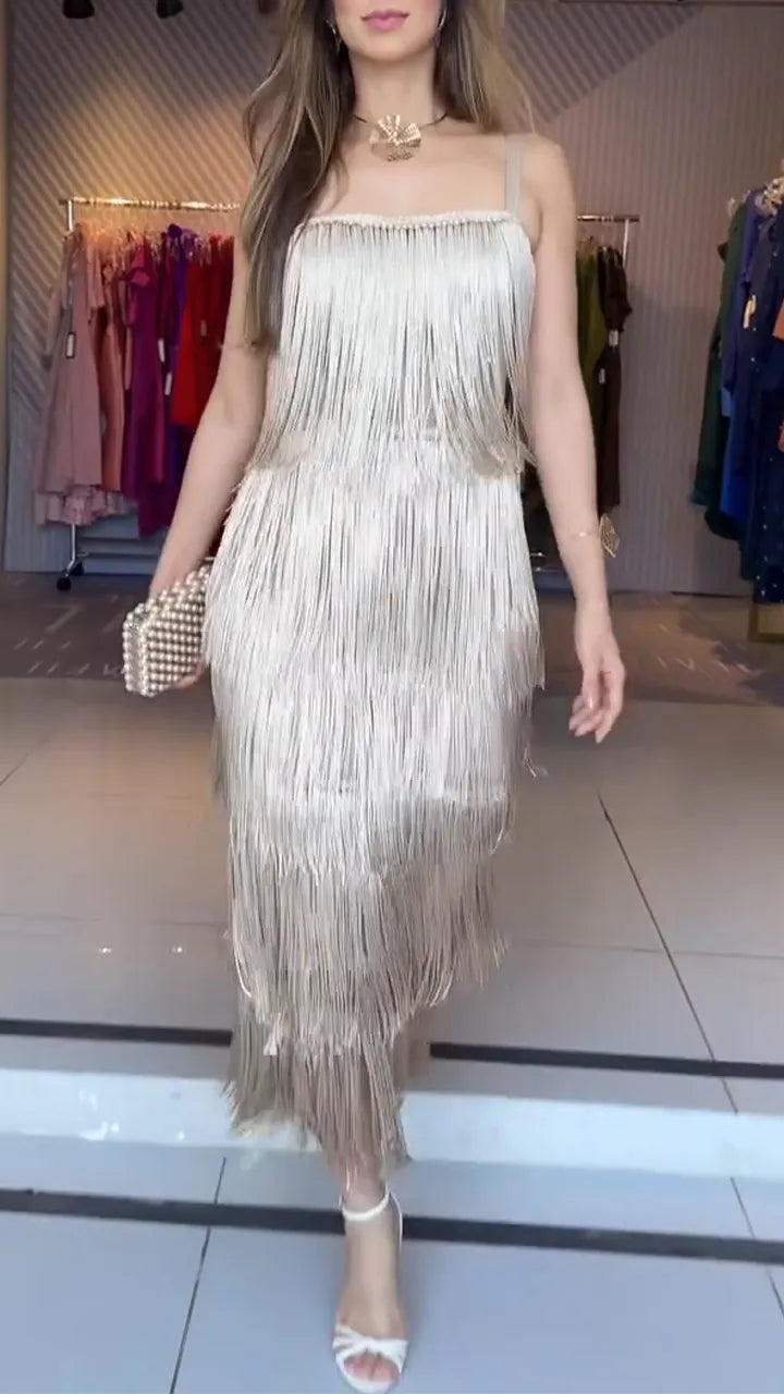 Women Spaghetti Strap Patchwork Tassel Elegant Temperament Dress