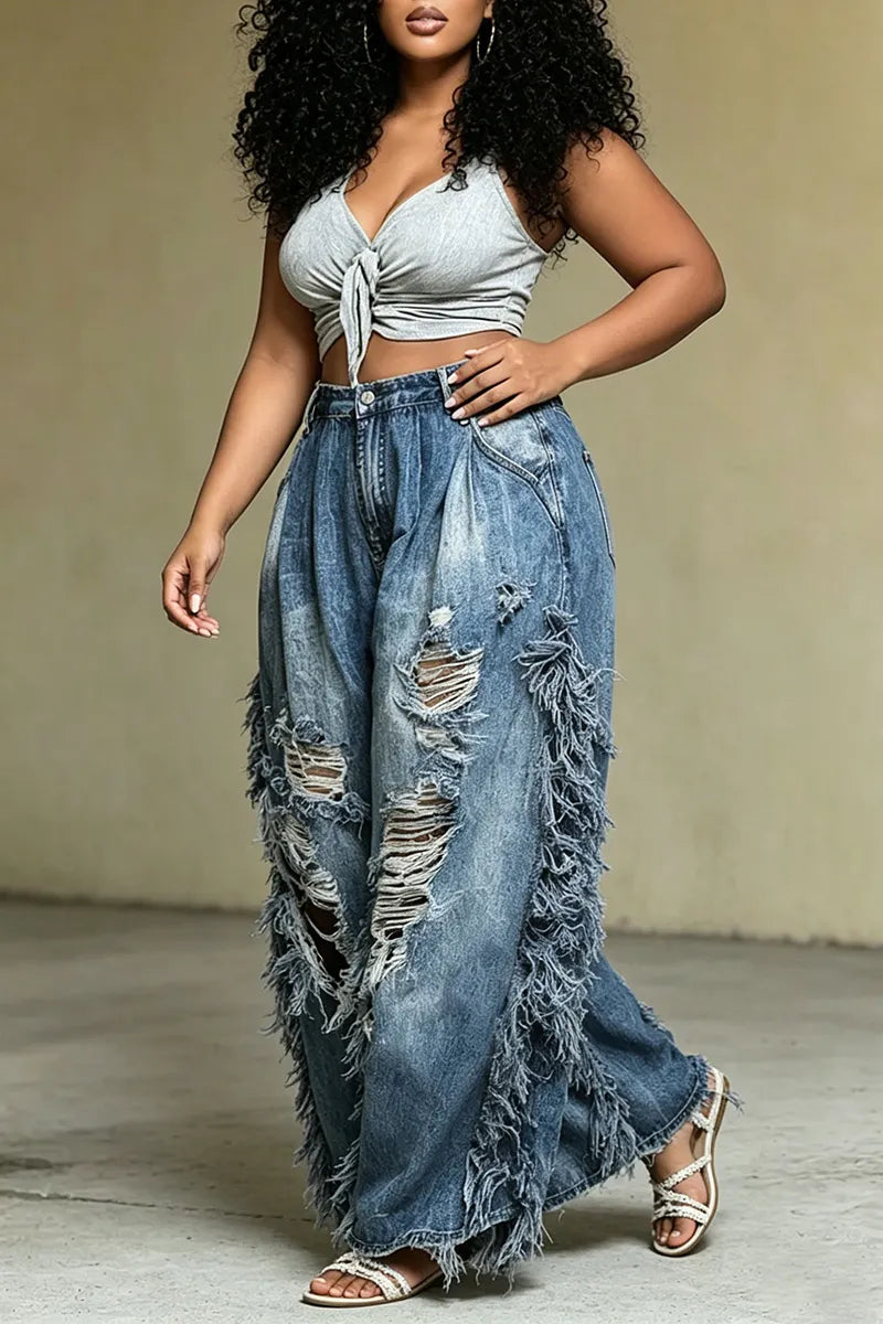 Women's Street Fashion Ripped Raw Hem Panel Jeans
