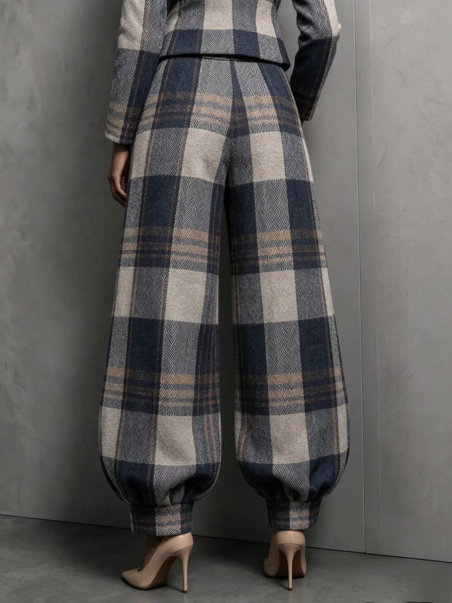 Sophisticated Plaid Cured-Hem Wide-Leg Trousers