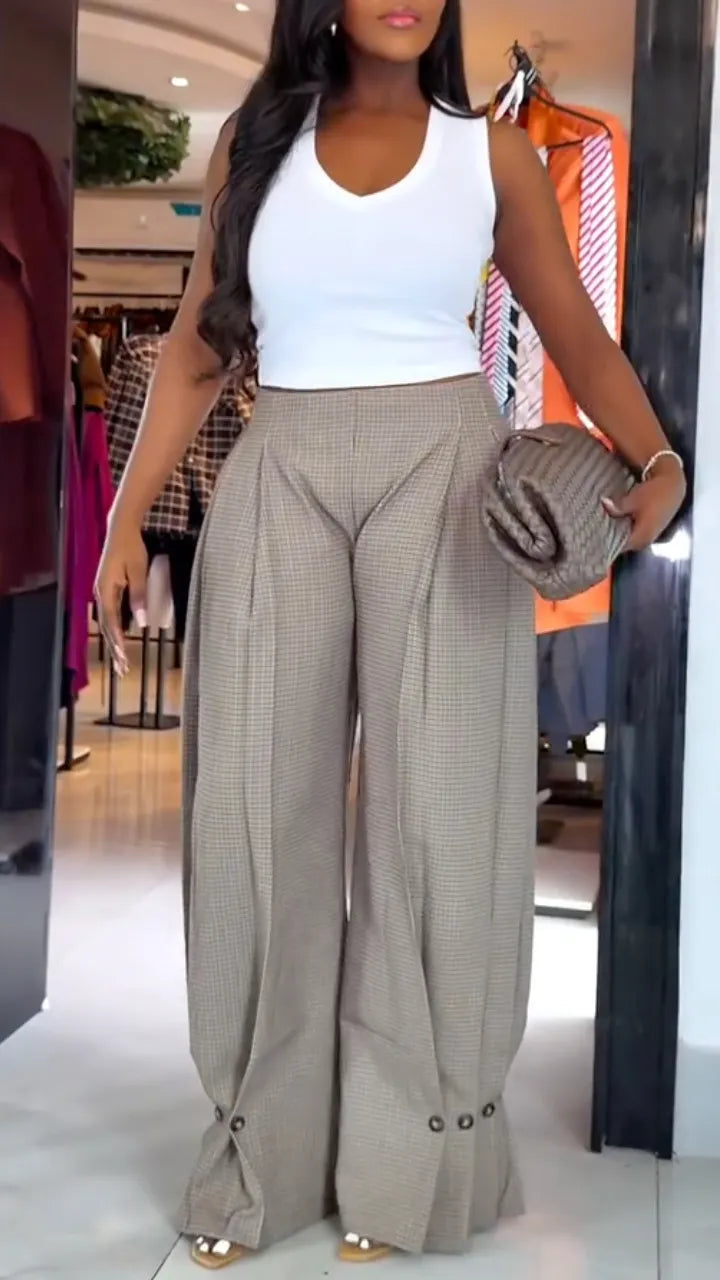 Micro-Check High-Waisted Palazzo Pants
