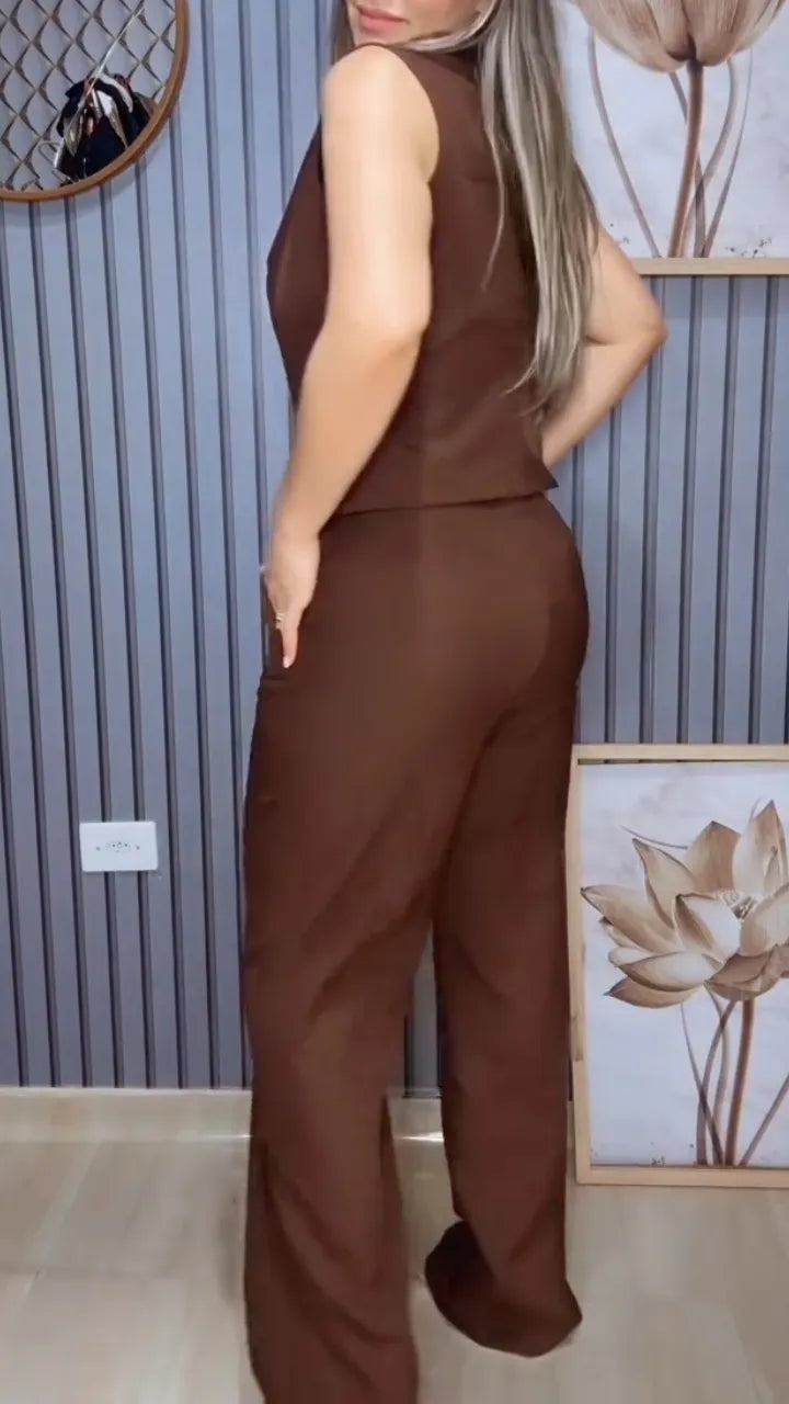 Sleeveless Vest & Wide Leg Pant Two‑Piece Suit