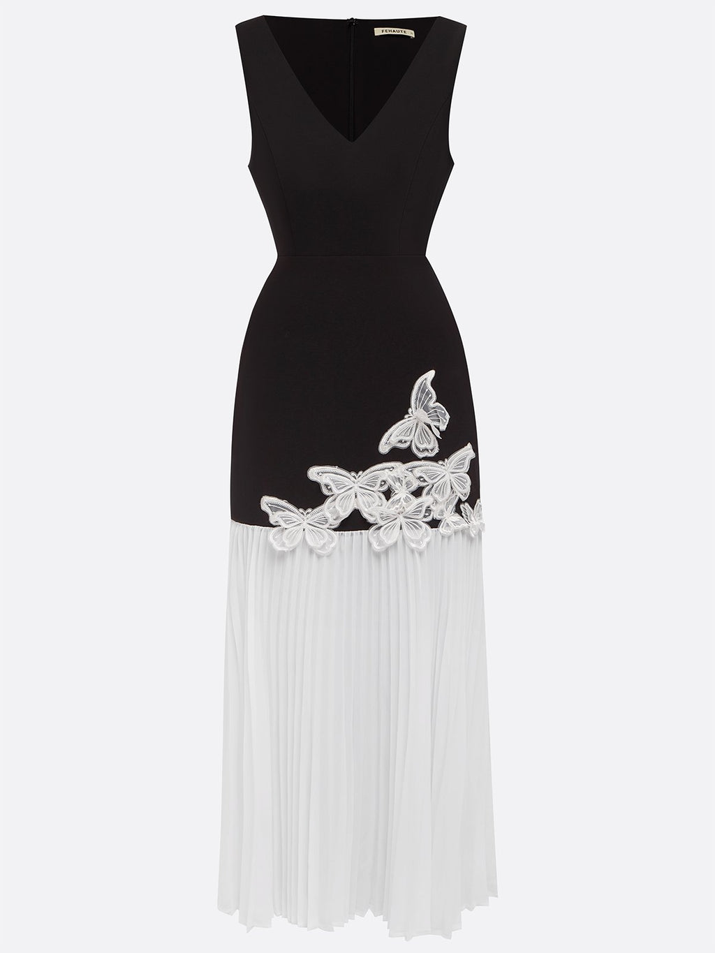 Black Pleated Applique Butterfly Classic Deep V Neck Sleeveless Mermaid Maxi Dress