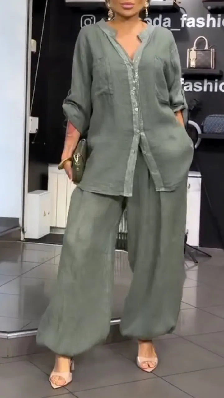 Linen Button Shirt And Wide Leg Pants Set