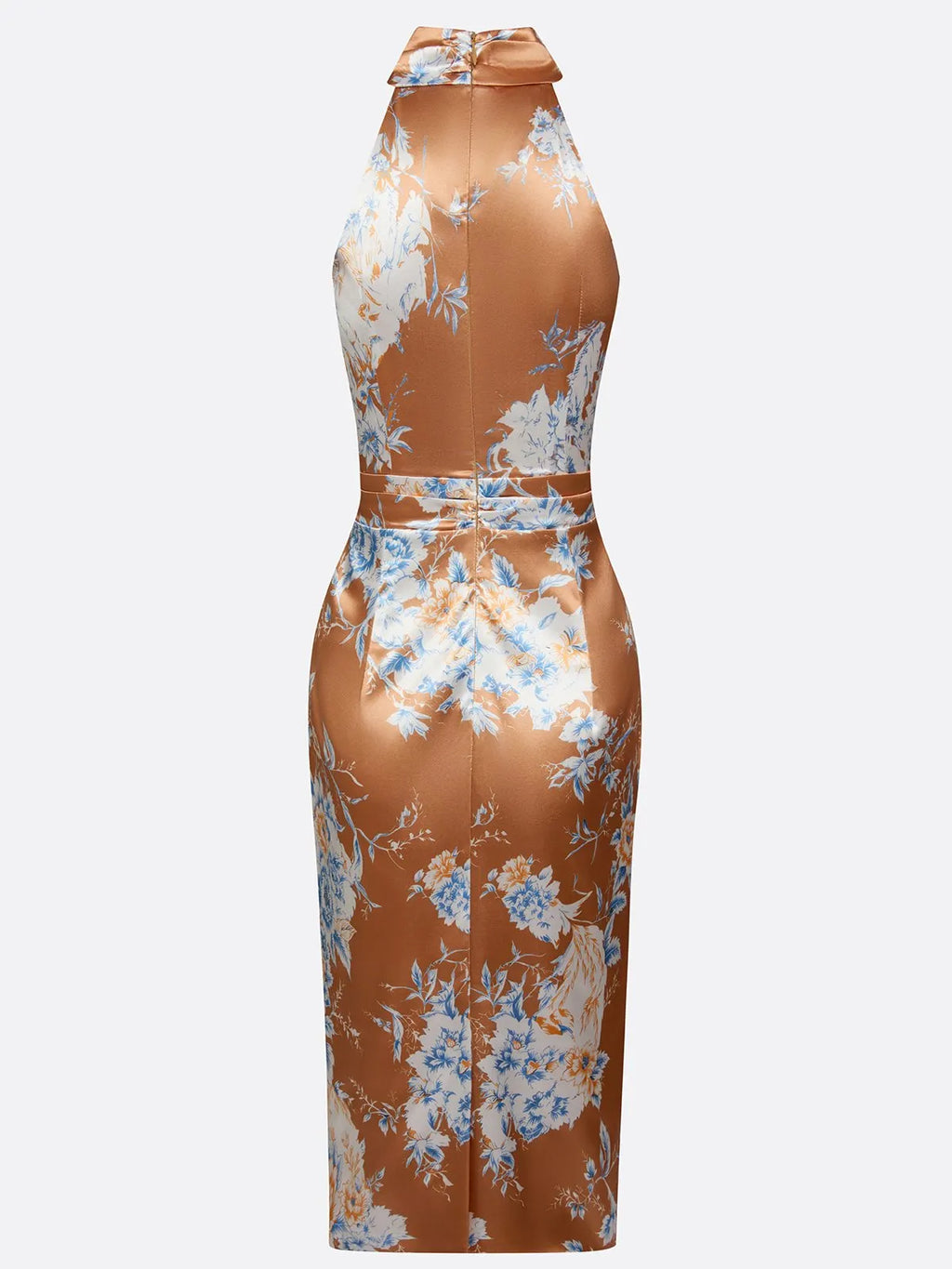 Brown Floral Satin Halter Sleeveless Sheath Midi Dress