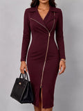 Women's Solid Color Suit Collar Long Sleeve Casual Slim Fit Bodycon Dress