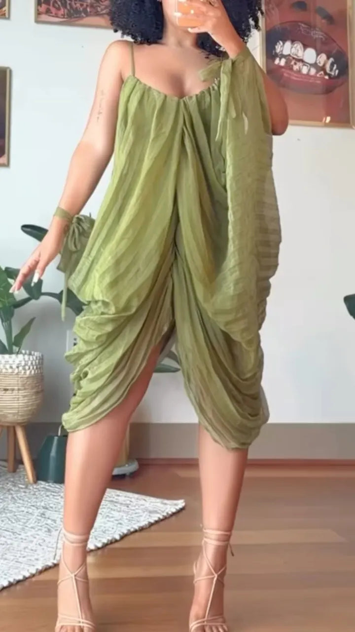Green Draped Spaghetti Strap Midi Dress