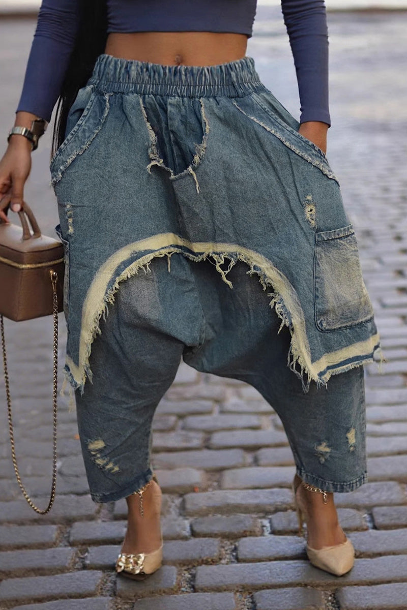 Stylish Frayed Hem Drop-Crotch Jeans for Women