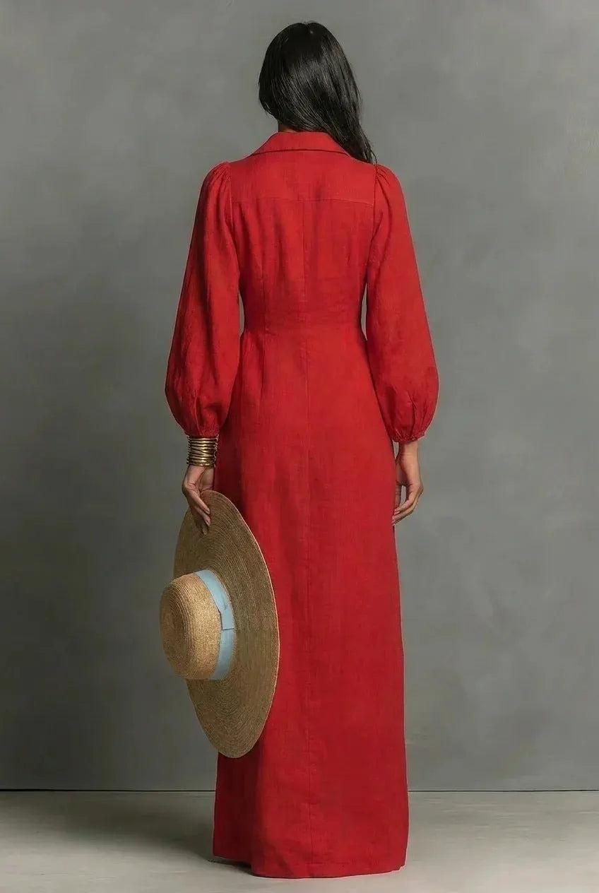 Casual Linen-cotton Blend Collared Maxi Dress