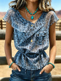 Women's Vintage V-neck Pleated Waist Patchwork Chiffon Casual Shirt