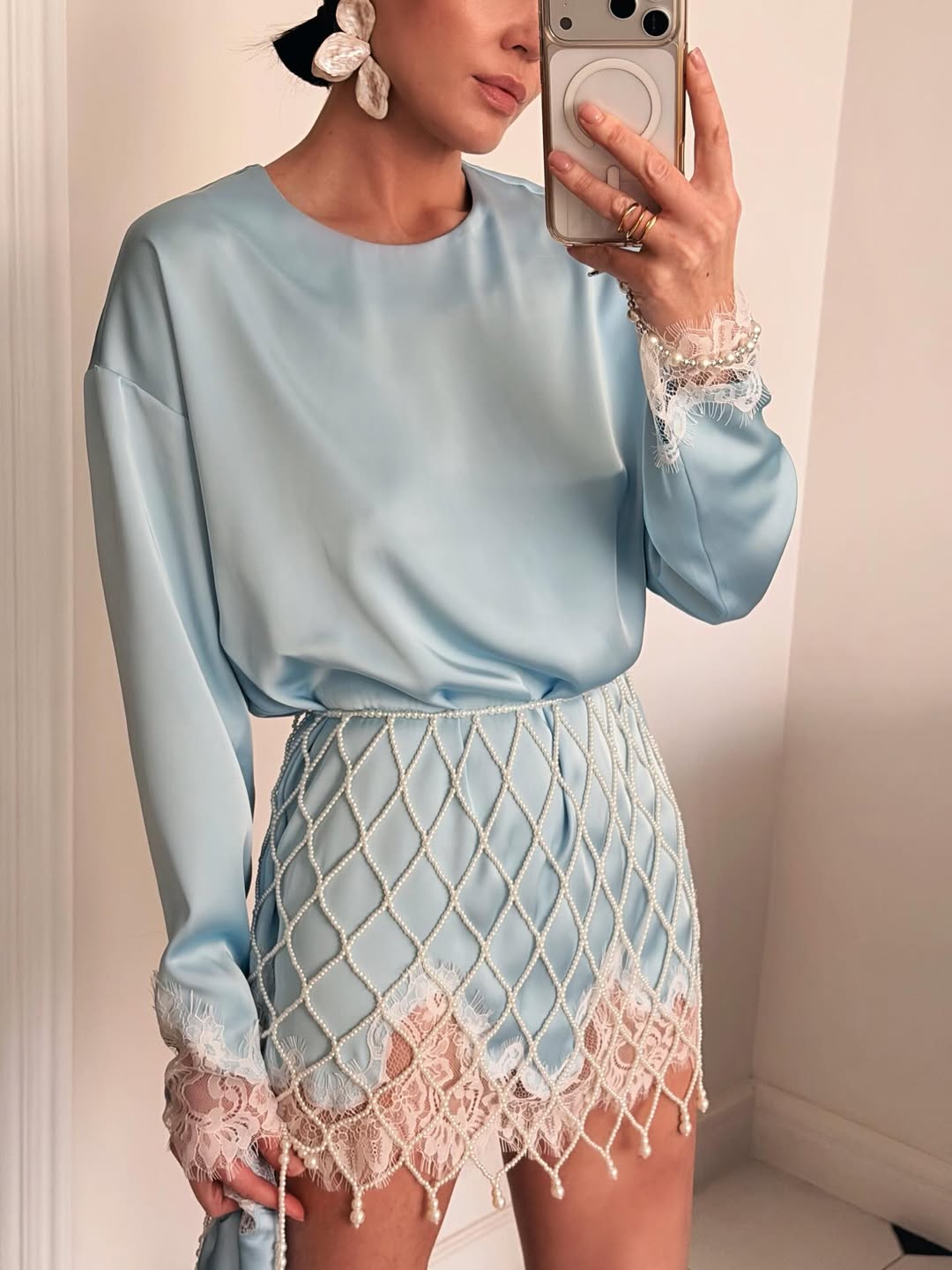 Satin & Lace Paneled Dress with Pearl-Embellished Mesh Belt — Two-Piece Set