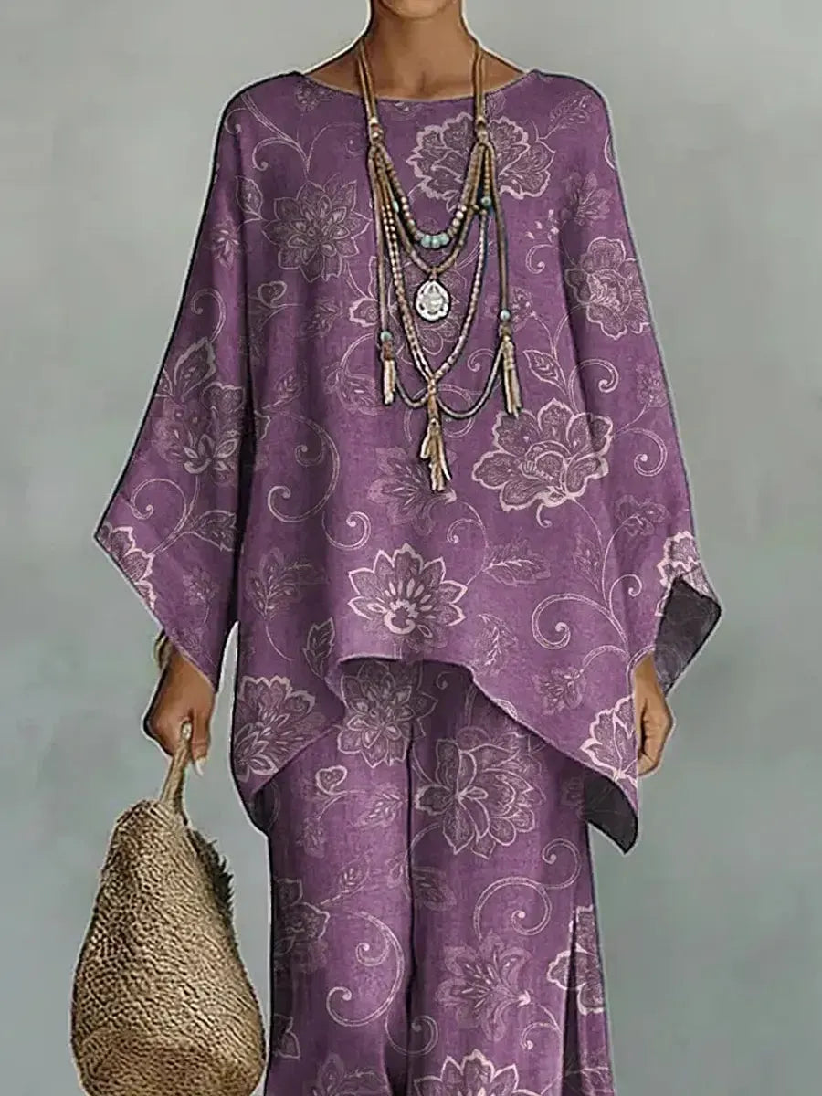 Women's Vintage Floral Art Print Casual Cotton Linen Suits