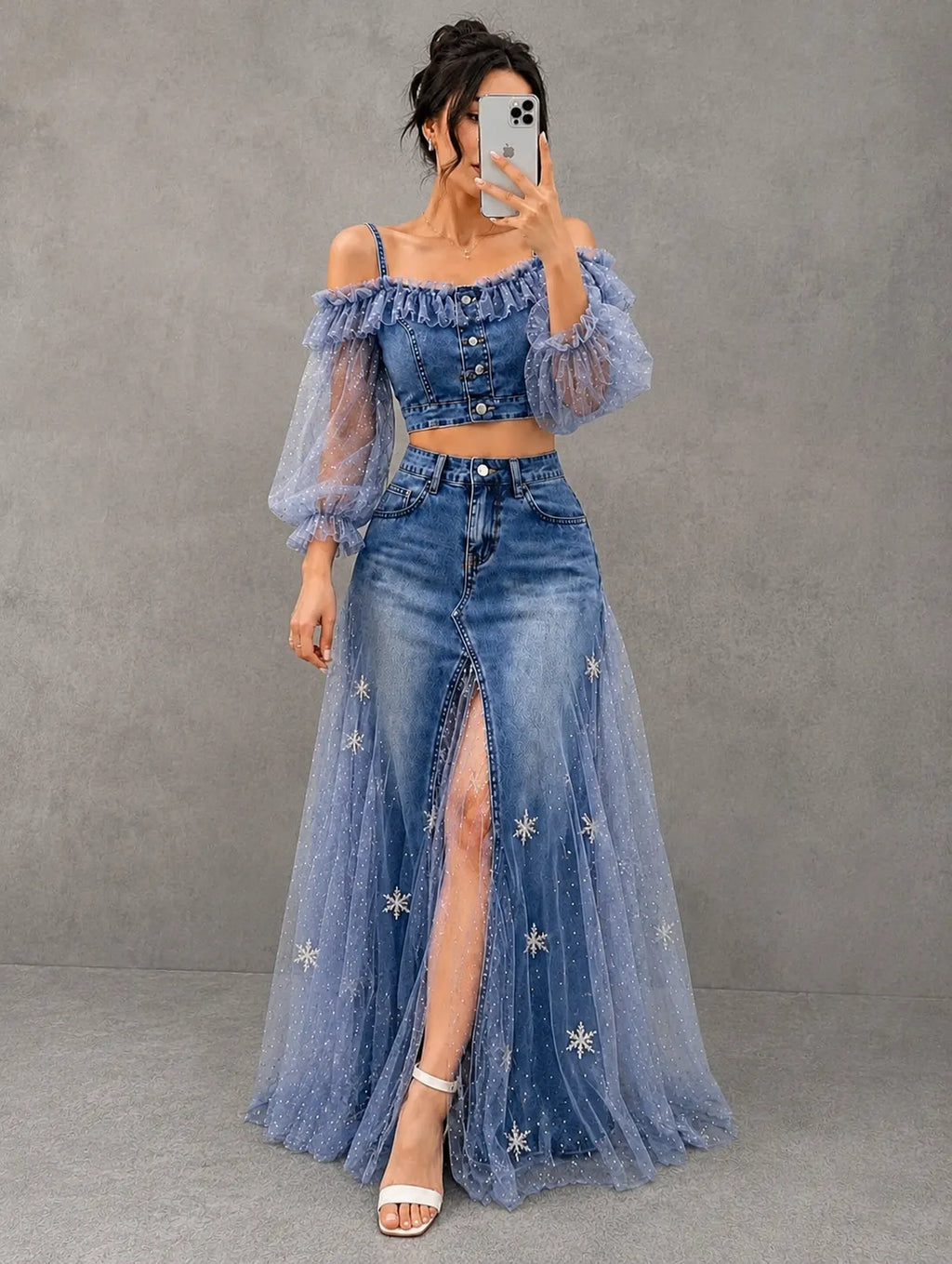 Off Shoulder Tulle Puff Sleeve Denim Crop Top & Star Tulle Maxi Skirt Two Piece Set