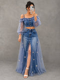 Off Shoulder Tulle Puff Sleeve Denim Crop Top & Star Tulle Maxi Skirt Two Piece Set