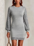 Sequin-paneled Round-neck Knit Dress