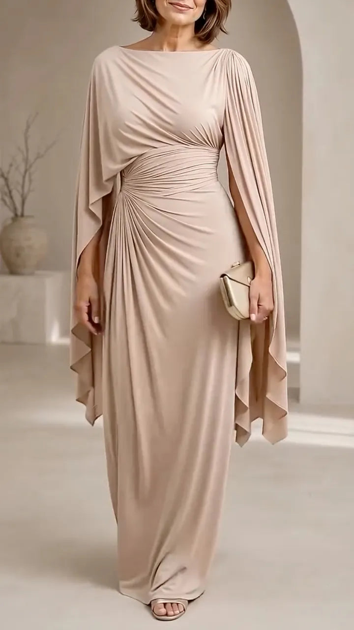 Beige Cape Sleeve Ruched Formal Gown