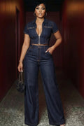 Denim Zip Up Short Sleeve Top Wide Leg Pants Casual 2pcs Set-Navy