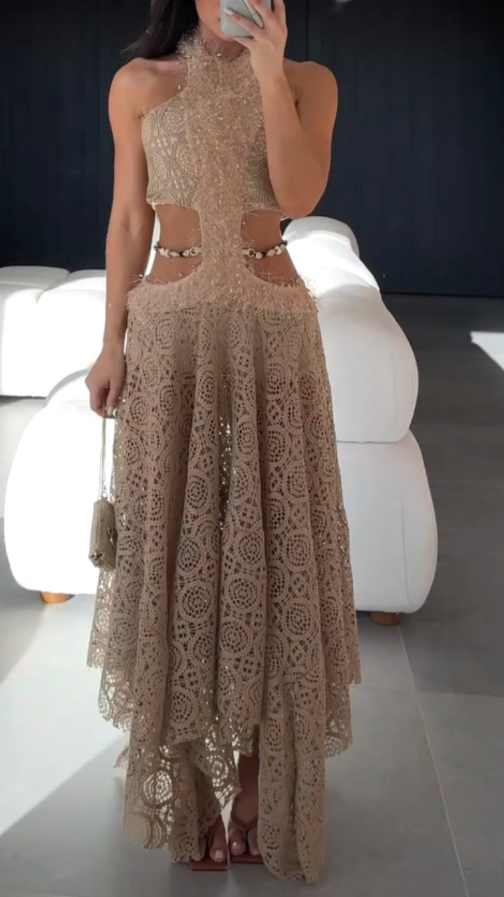 Beaded Cutout Crochet Lace Halter Maxi Dress
