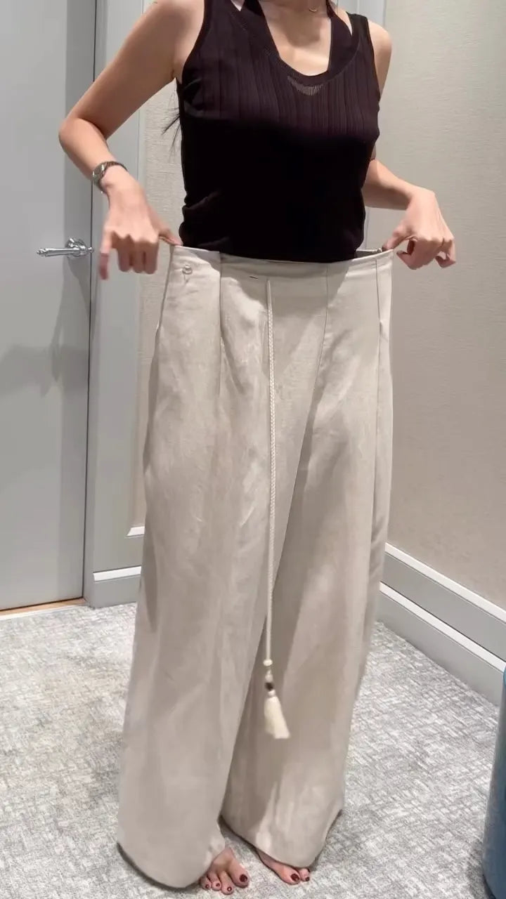 Beige Linen Pleated Wide Leg Trousers