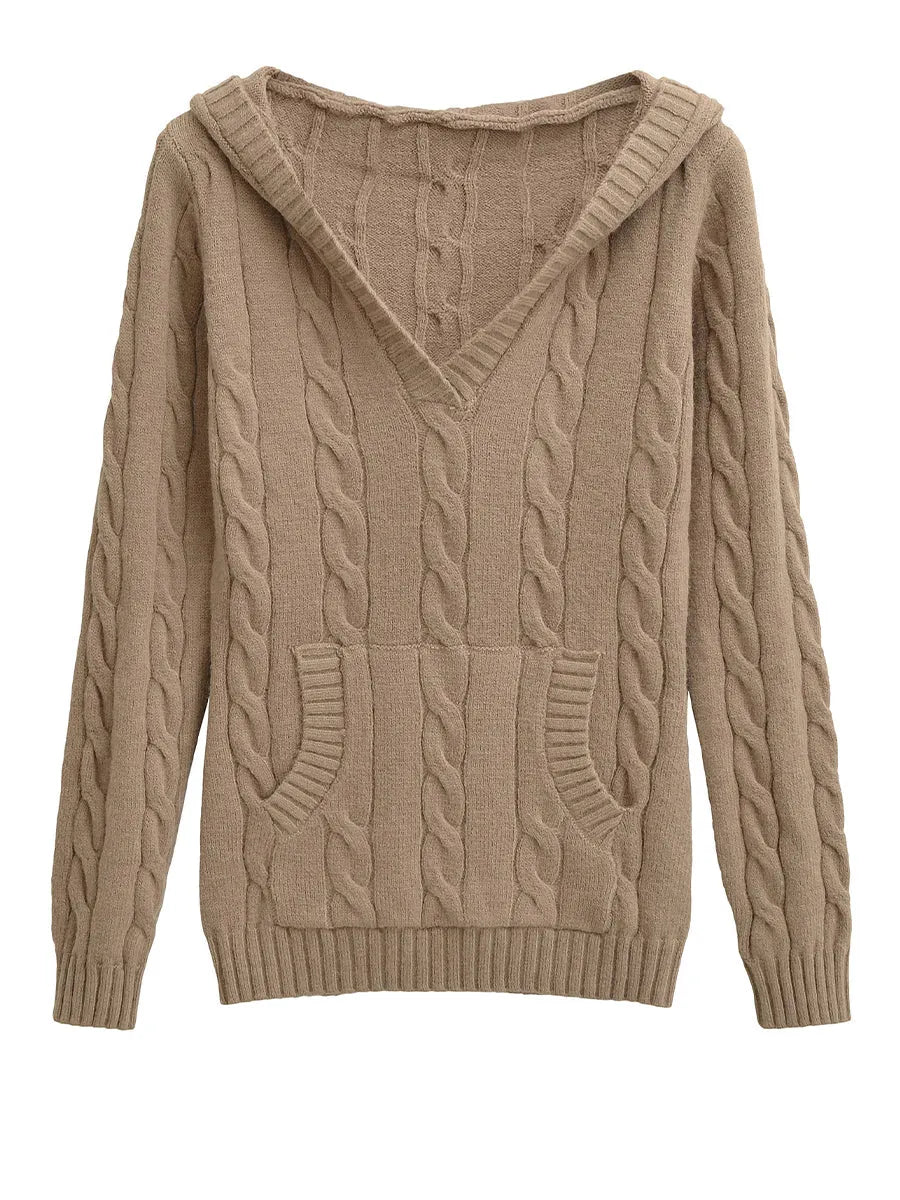 Casual Cable-knit V-neck Sweater With Hood