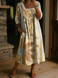 Women's Folk Printed Square Neck Hollow Cotton Pocket Dress