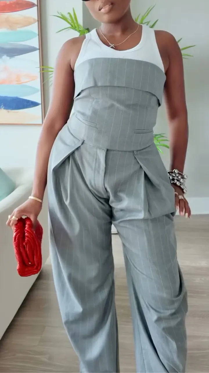 Pinstripe Tube Top & Wide Leg Pants Two Piece Set