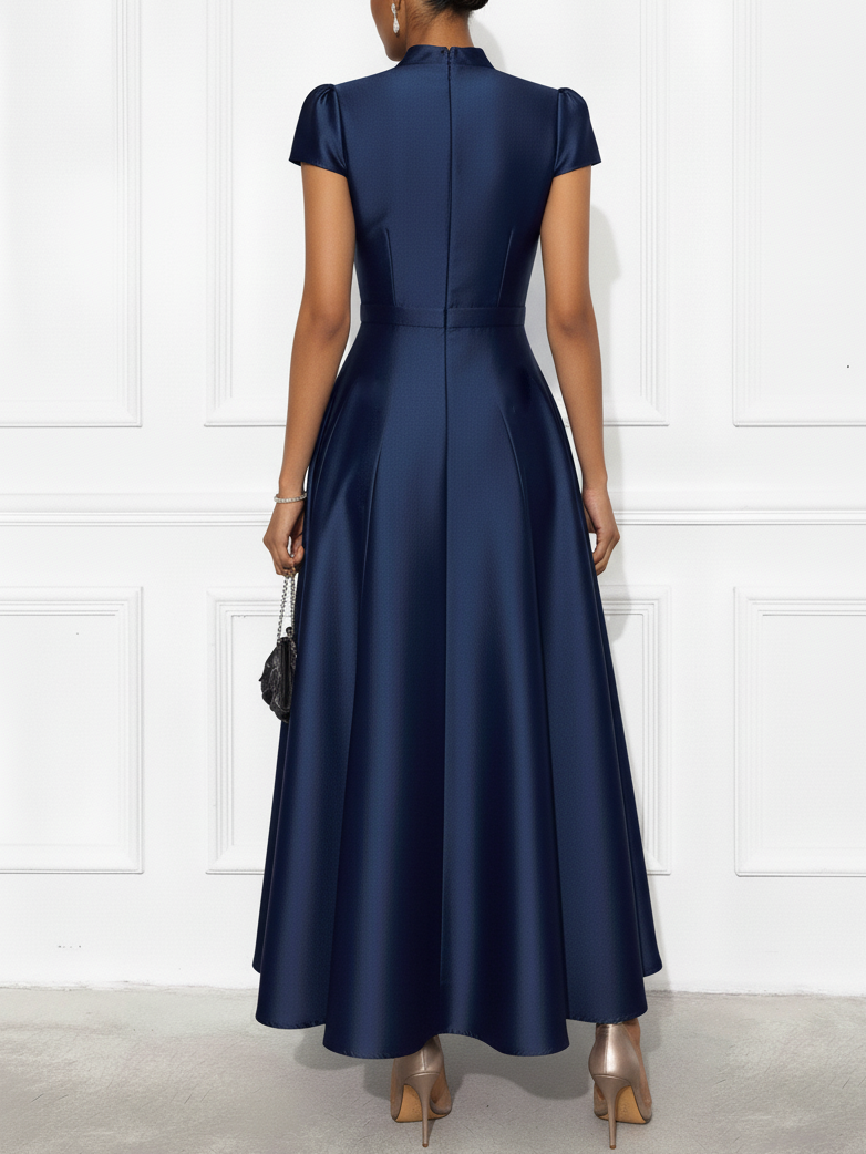 Navy Blue Satin Stand Collar Short Sleeve A-Line Maxi Dress