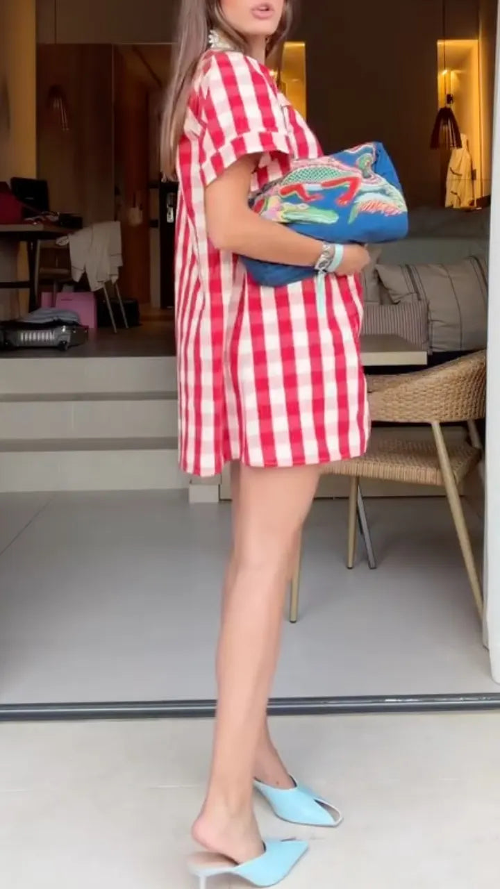 Red White Gingham Puff Sleeve Mini Shift Dress