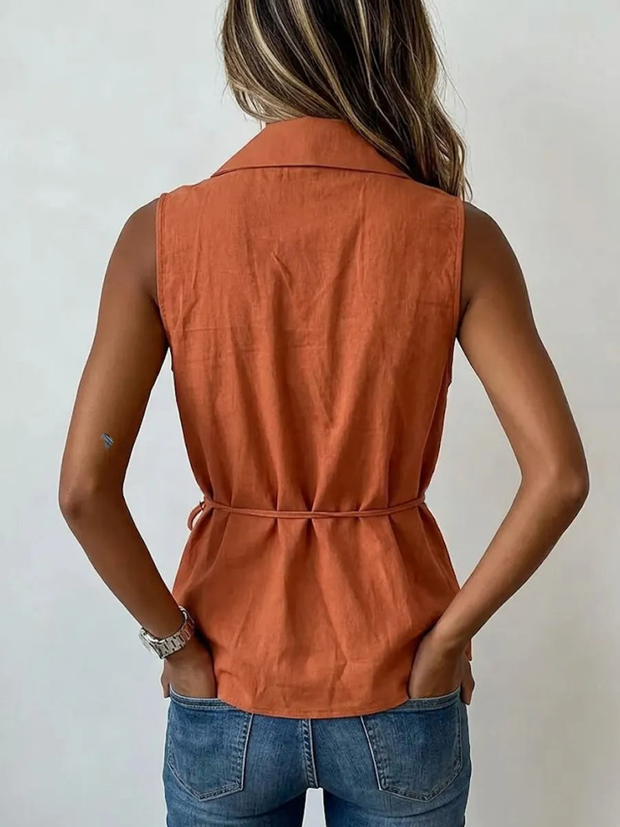Casual Sleeveless Collared Linen-cotton Shirt