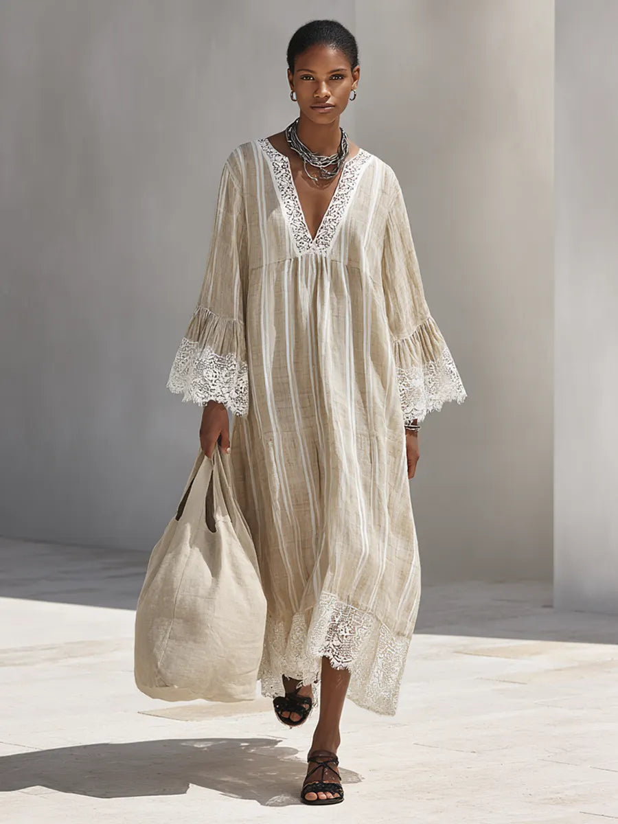 Women's Minimalist Beige Vertical-Stripe Maxi Dress With White Lace Trim And Flared Long Sleeves MDZ1745F9ZRK
