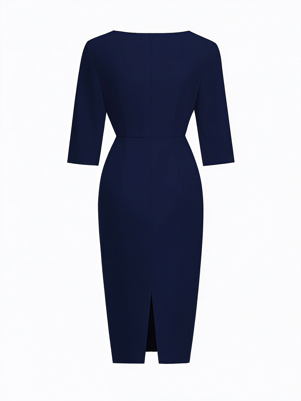 Navy Blue Faux Pearl Classic Crew Neck Half Sleeve Sheath Midi Dress