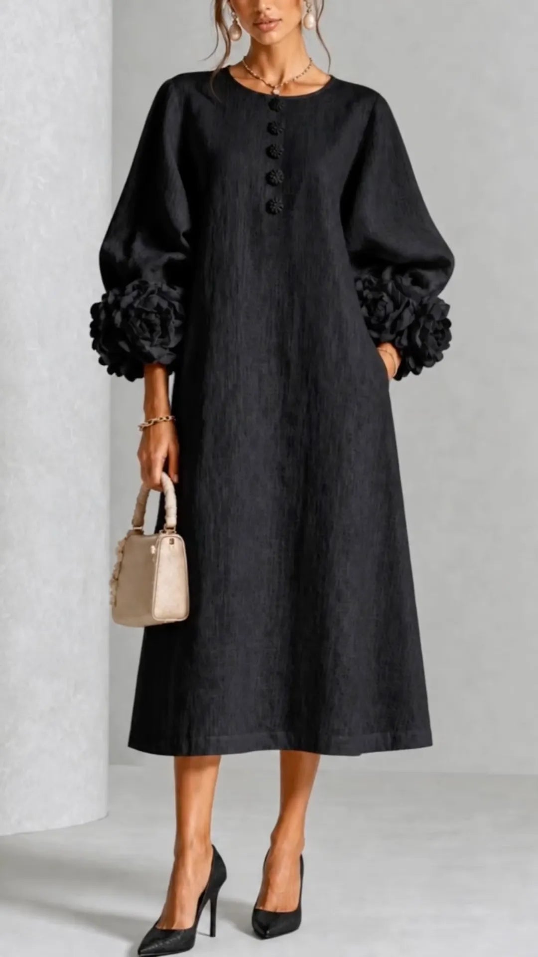 3D Flower Cuff Linen Blend Midi Dress