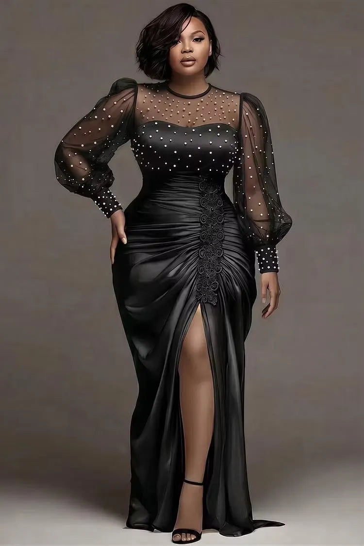Pearl Beaded Satin Mermaid Evening Gown