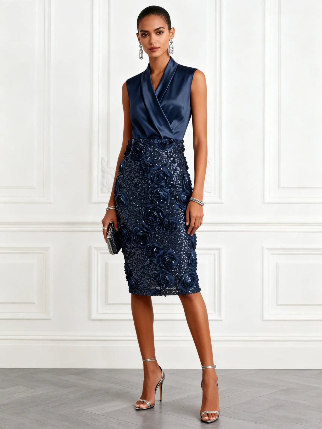 Purplish Blue 3D Floral Glitter Classic V Neck Sleeveless Sheath Midi Dress