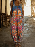 Geometric Tribal Print Denim Overalls